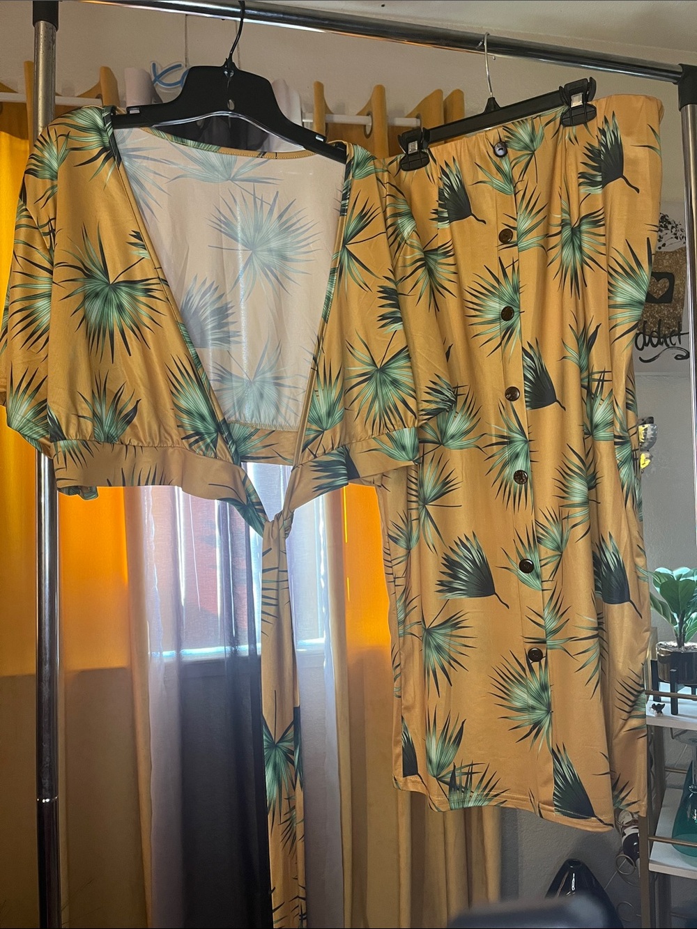NWOT Golden Mustard Yellow Tropical-Print sexy 2 piece set